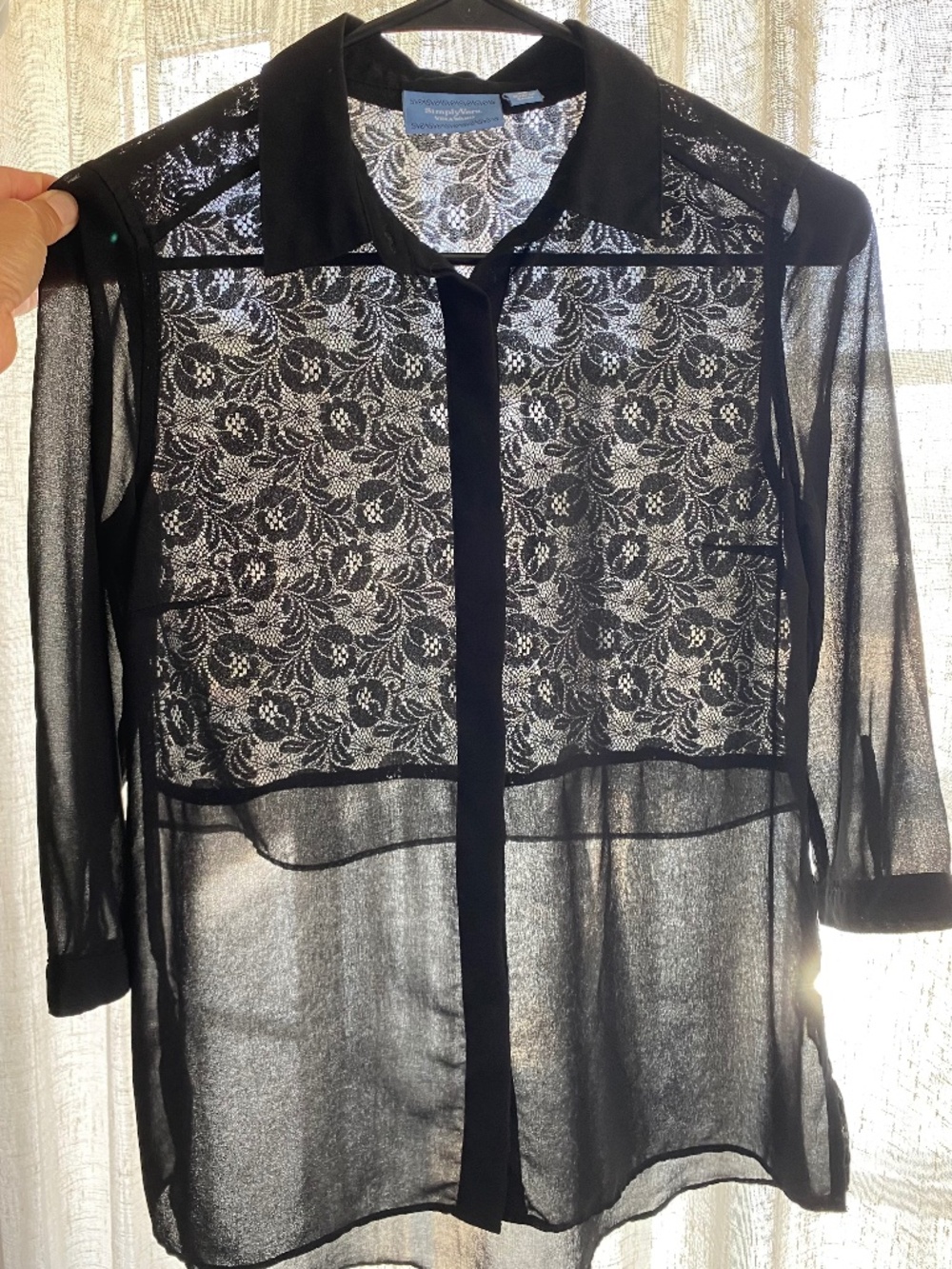 Vera Wang Black Sheer Lace 3/4 Sleeve Button Up Top Size XS
